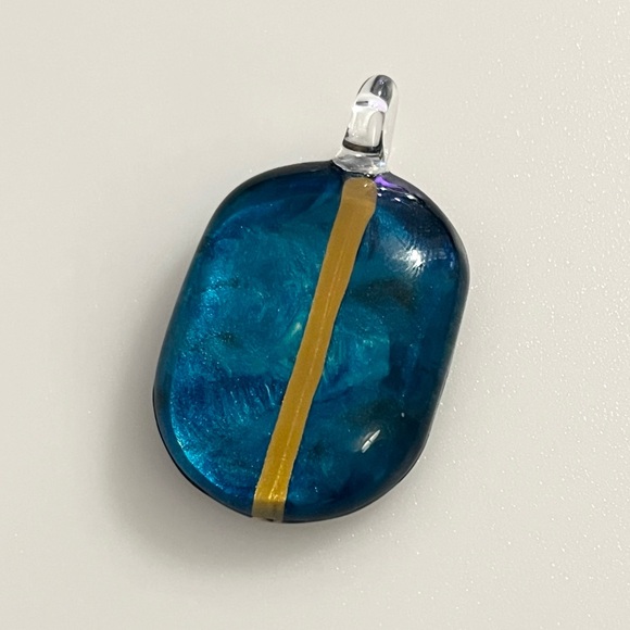 Handblown Artisan Oval Blue Gold Black Art Lampwork Glass Pendant - Picture 4 of 8